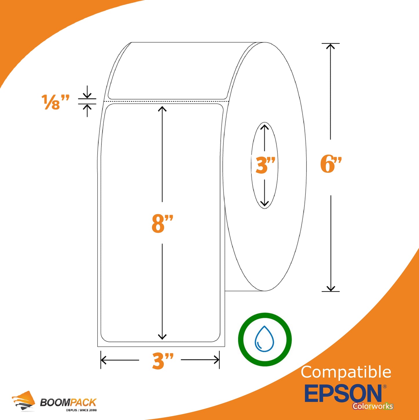 3" X 8" ÉTIQUETTE SYNTHETIQUE GLOSS, EPSON COLORWORKS, MANDRIN 3''