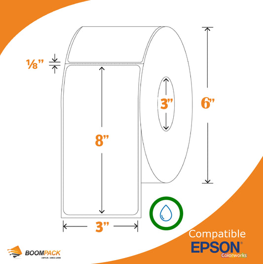 3" X 8" ÉTIQUETTE SYNTHETIQUE GLOSS, EPSON COLORWORKS, MANDRIN 3''